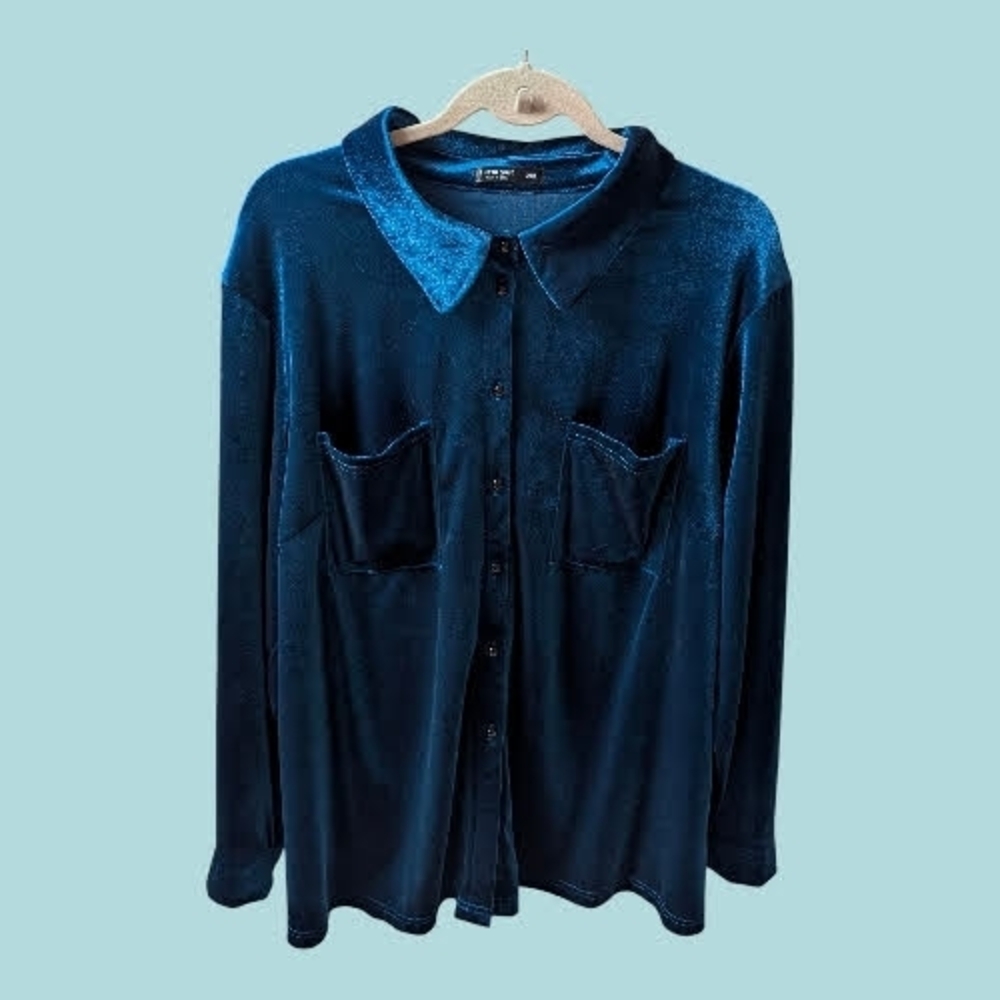 SHEIN Blue Velvet Button Down Shirt
